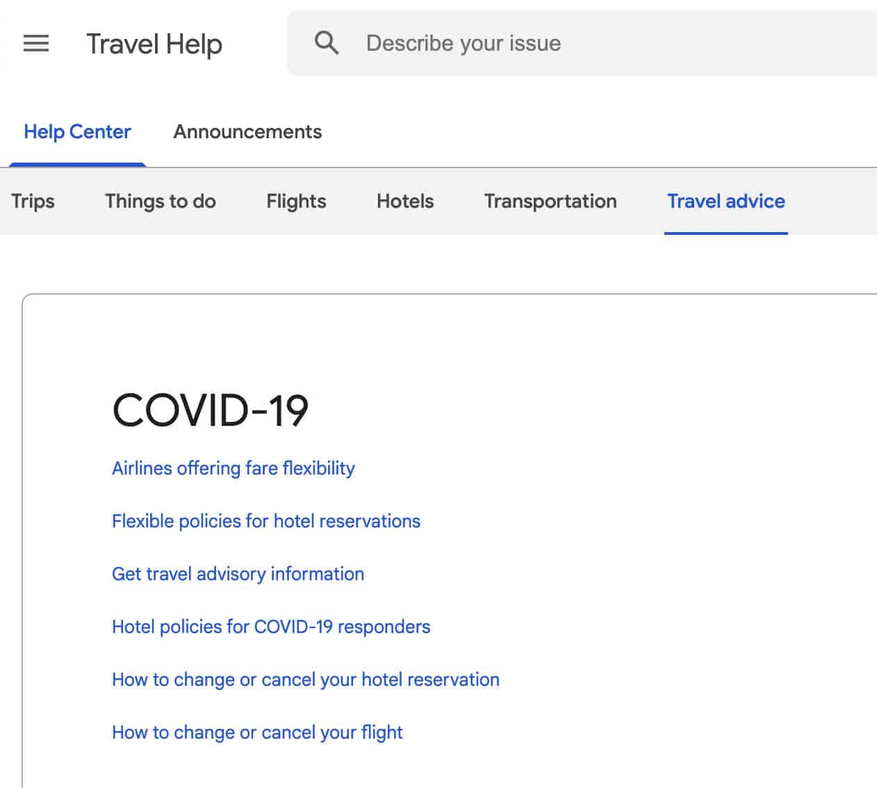 Google Travel Help page