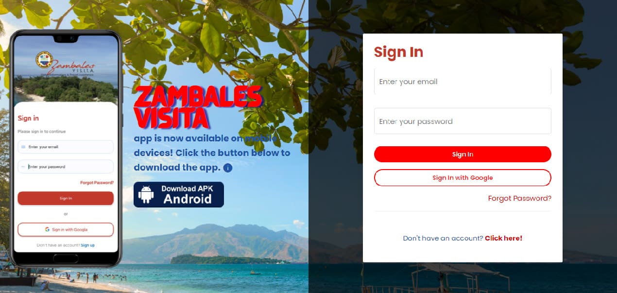 Sign-in page of Zambales Visita Website